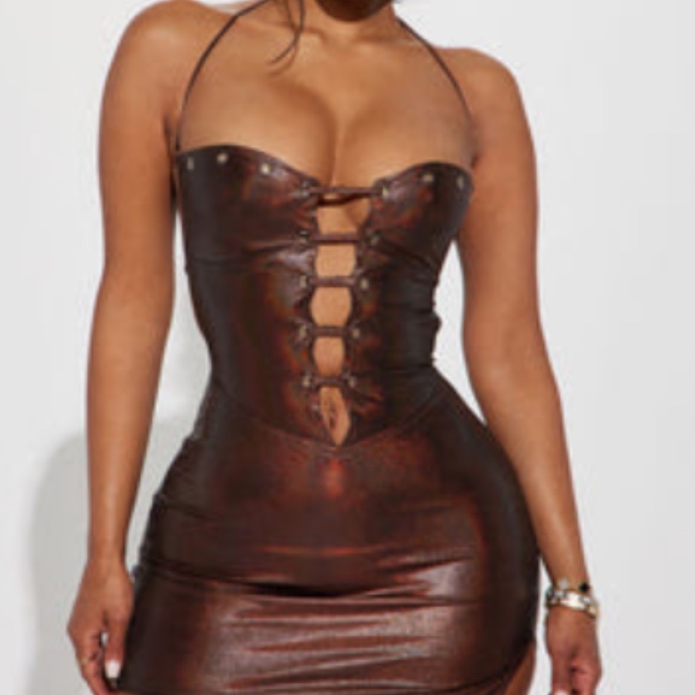 Fashion Nova Metallic Brown Lace-Up Dress